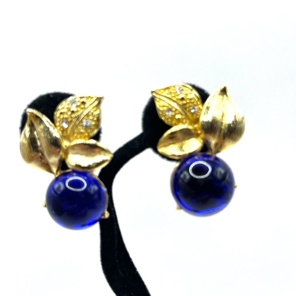 Cherry Fruit Earrings Colbalt Blue Glass and Rhinestones Leaf Gold Tone Clip